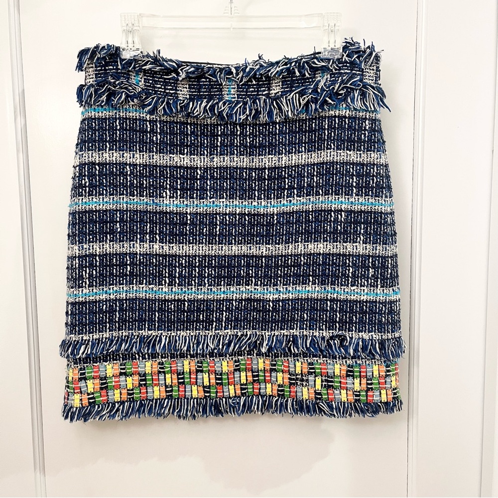 Tory Burch Nora Skirt 6 Normandy Blue Jelly Blue Tweed Fringe Embellished Lined